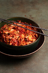 Traditional Fermented Korean Kimchi. Homemade Healthy Food Concept. Handcrafted Photo, Not AI