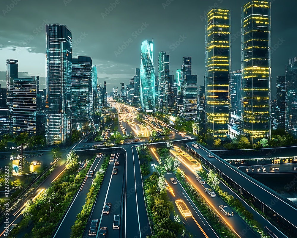 Aufkleber a stunning image of a vast cityscape featuring ai-controlled traffic systems.