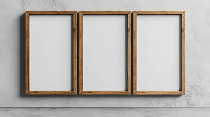 3 empty blank white picture frames hanging on minimalist wall mockup