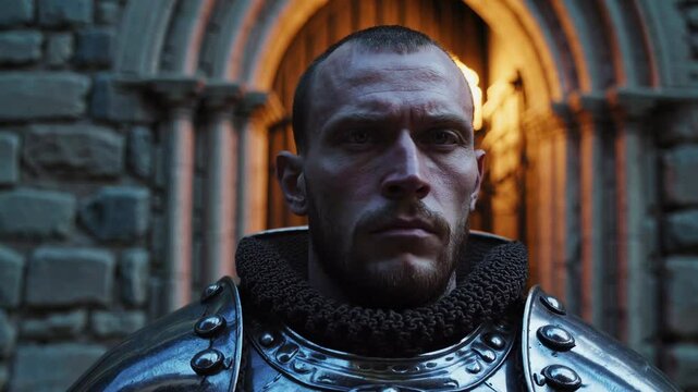 Knight stands guard at ancient stone castle entrance during twilight hours in serene atmosphere