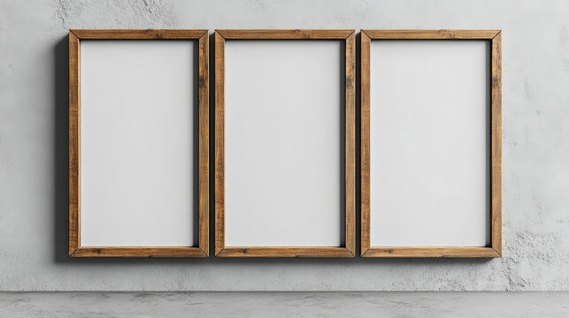 3 empty blank white picture frames hanging on minimalist wall mockup