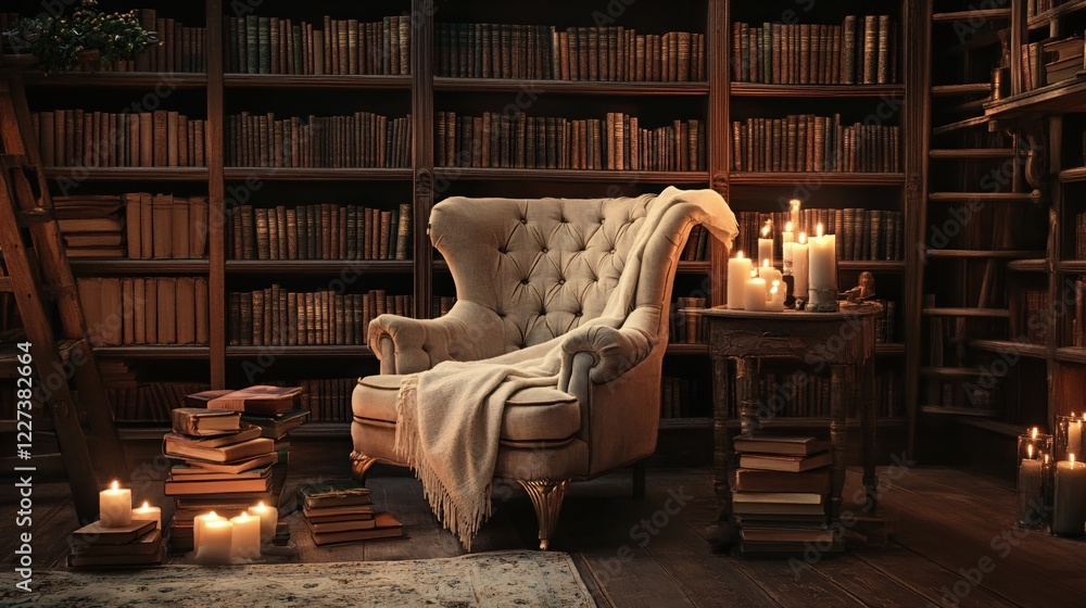 Poster cozy library with armchair and candles creating a warm and inviting atmosphere for reading