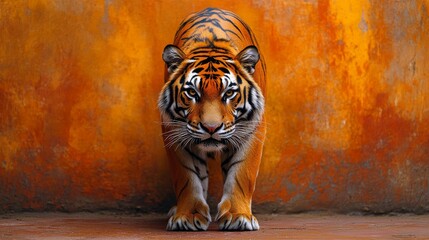 Powerful Tiger Stare: Majestic Feline Prowling with Intense Gaze Against Vibrant Orange Backdrop