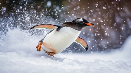 Fototapeta premium A cheerful penguin gliding through snowflakes in a winter wonderland.