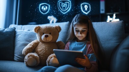 A young girl using a tablet with glowing security icons floating above her head next to a teddy bear