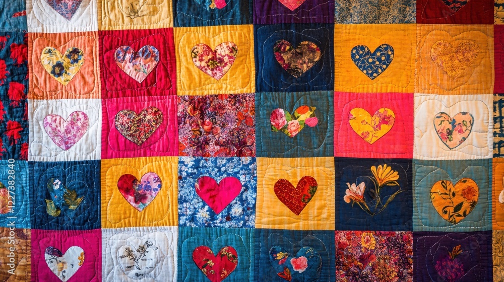 Poster Colorful Handmade Quilt with Heart Patches in a Patchwork Design with Varied Fabric Patterns
