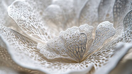 Delicate white lace structure with intricate pattern and soft light creating an elegant design