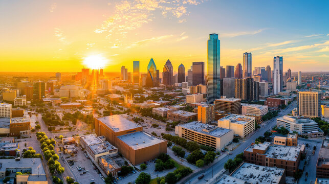 stunning high angle view of sprawling city skyline at sunrise, showcasing modern architecture and vibrant colors