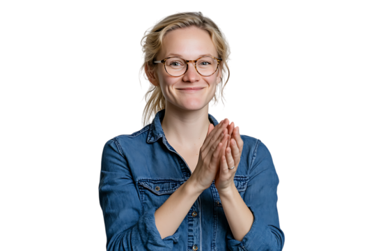 Smiling woman in denim shirt clapping hands.