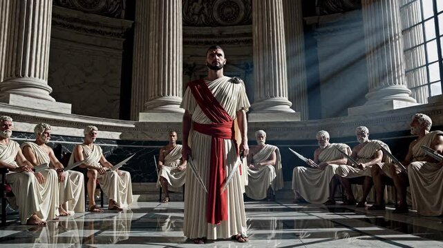 Roman emperor holding two swords stands confidently before senators seated with their own weapons in the majestic pantheon, capturing the essence of ancient roman power and authority