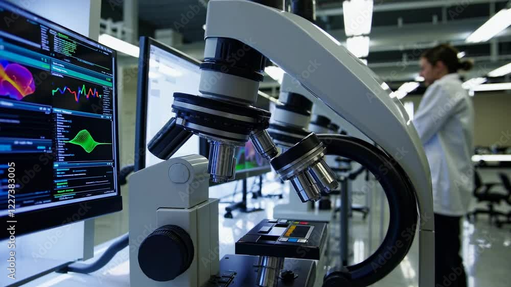 Leinwandbilder Scientists conduct research using advanced microscopes and computer screens in a modern laboratory setting
