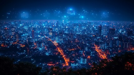 Fototapeta premium A vibrant, futuristic cityscape at night, showcasing bright lights and modern architecture.