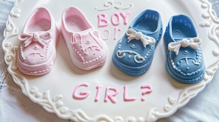 Gender reveal cake with pink and blue baby shoes decoration