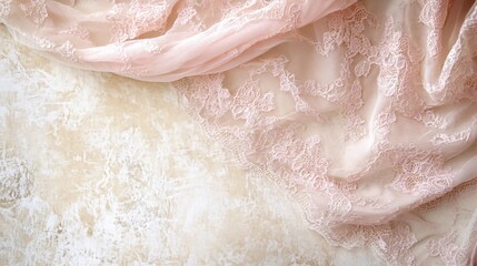 Fototapeta premium Delicate pink lace fabric draped over textured surface creating elegant and soft background