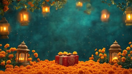 Obraz premium Lanterns and Gift Box on Marigold Flowers with Teal Background for Festive Celebration