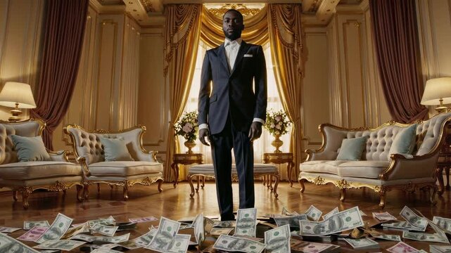 Opulent scene featuring money raining down in a lavish mansion, symbolizing wealth and extravagance. A well-dressed individual stands amidst luxurious furniture and decor