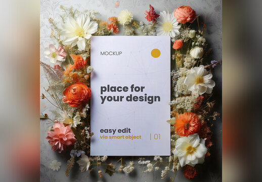 Page Poster Mockup Surrounded with Flowers