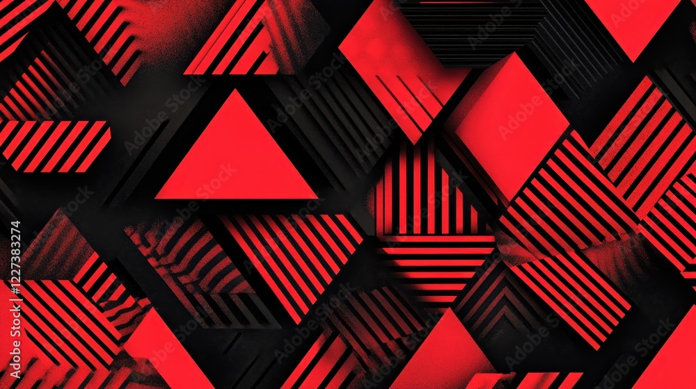 Aufkleber abstract geometric pattern with red triangles and black stripes on dark textured background