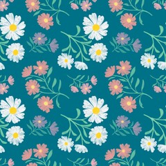 
A seamless floral pattern featuring hand-drawn white daisies, pink, and purple flowers on a deep blue background. 