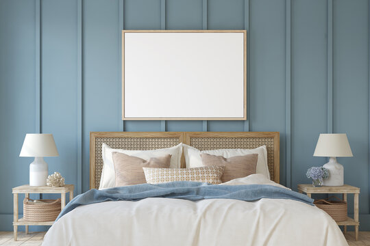 Bedroom in a nautical style. Frame mockup. 3d render.