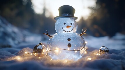 Obraz premium A cheerful snowman adorned with a hat and lights, surrounded by sparkling winter scenery.