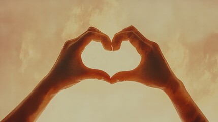 Fototapeta premium Hands forming heart shape against soft cloudy sky in warm light artistic love gesture