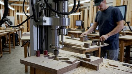 Woodworking workshop features advanced machinery and skilled craftsmanship in action
