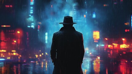 Mysterious Figure in Trench Coat and Fedora in Cyberpunk Cityscape at Night with Neon Lights and Rain Reflections