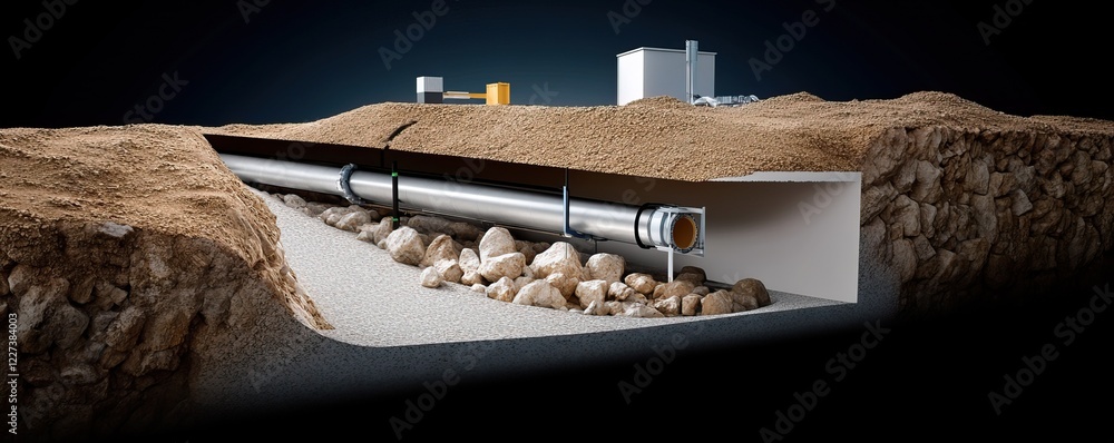 Poster a cross-section of underground infrastructure showing a pipeline, rocks, and storage tanks, illustra