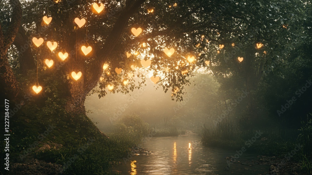 Poster enchanting forest scene with heart shaped lights hanging from a large tree over a stream