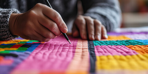 Person Quilting a Multicolored Fabric Patchwork