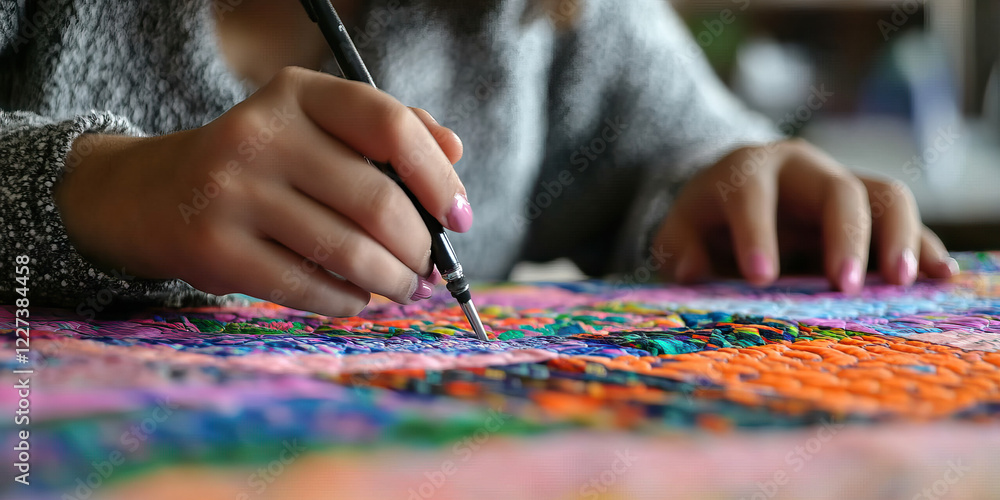 Poster close-up of hand detailing a multicolored textile with a precision tool