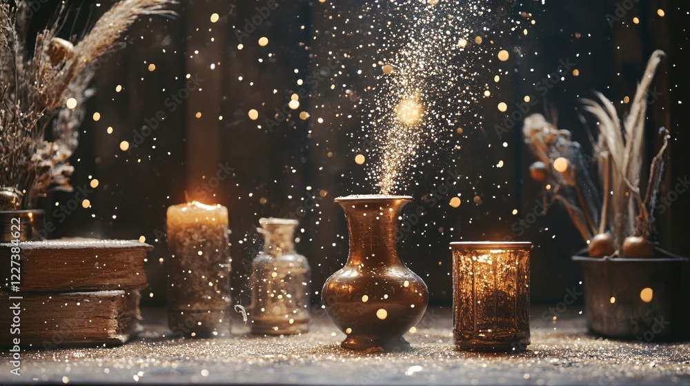 Poster golden glitter falling on vintage objects with candle light in a dark rustic setting