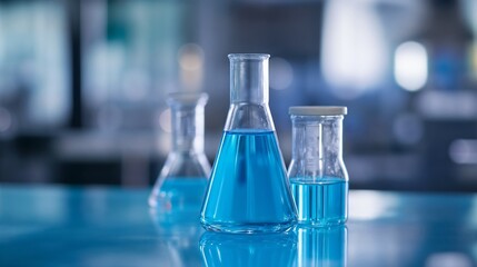 Laboratory glassware with blue liquid solutions. Represents scientific research, chemical analysis and pharmaceutical development