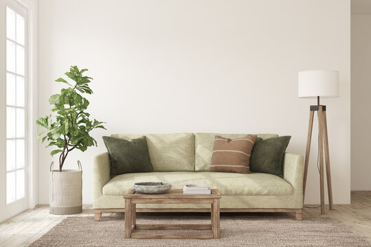 Beautiful living-room interior with green sofa. Interior mockup. 3d render.