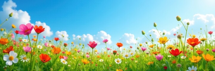 Vibrant wildflowers in meadow, clear blue sky, vibrant, sun