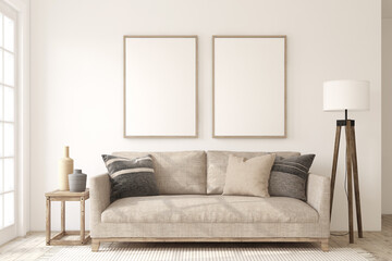 Living-room interior in scandinavian style. Frame mockup. 3d render.