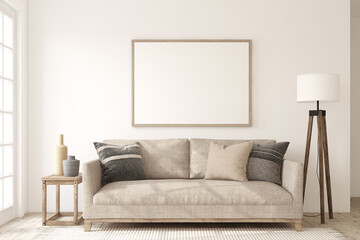 Living-room interior in scandinavian style. Frame mockup. 3d render.