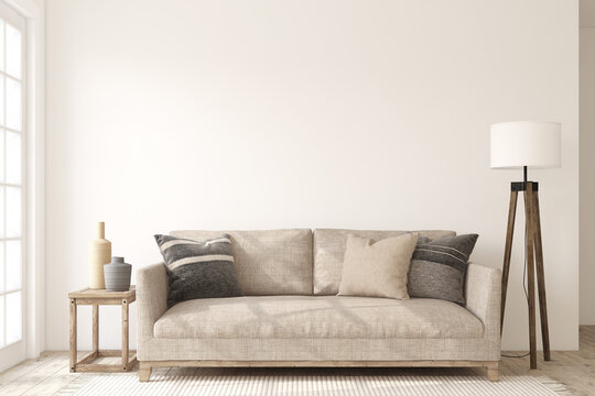 Fototapeta Living-room interior in scandinavian style. Interior mockup. 3d render.