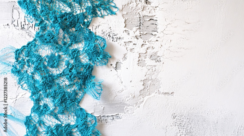 Poster blue lace fabric on white textured surface creating a delicate and rustic background design