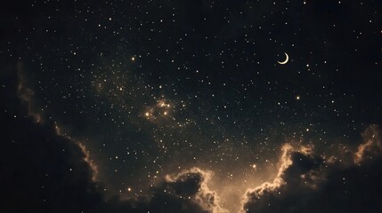 Obraz premium Night sky with stars and crescent moon above dark clouds in a dreamy celestial scene