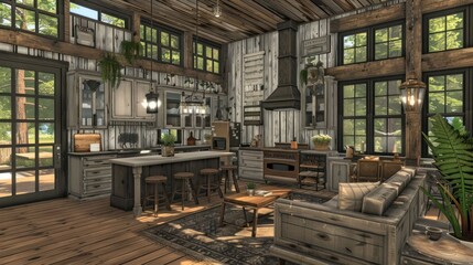 Cozy rustic kitchen and living area with wooden decor, plants, and natural light from windows