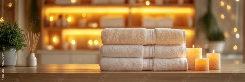 Poster stack of fluffy white towels and glowing candles on a table create a relaxing spa ambiance