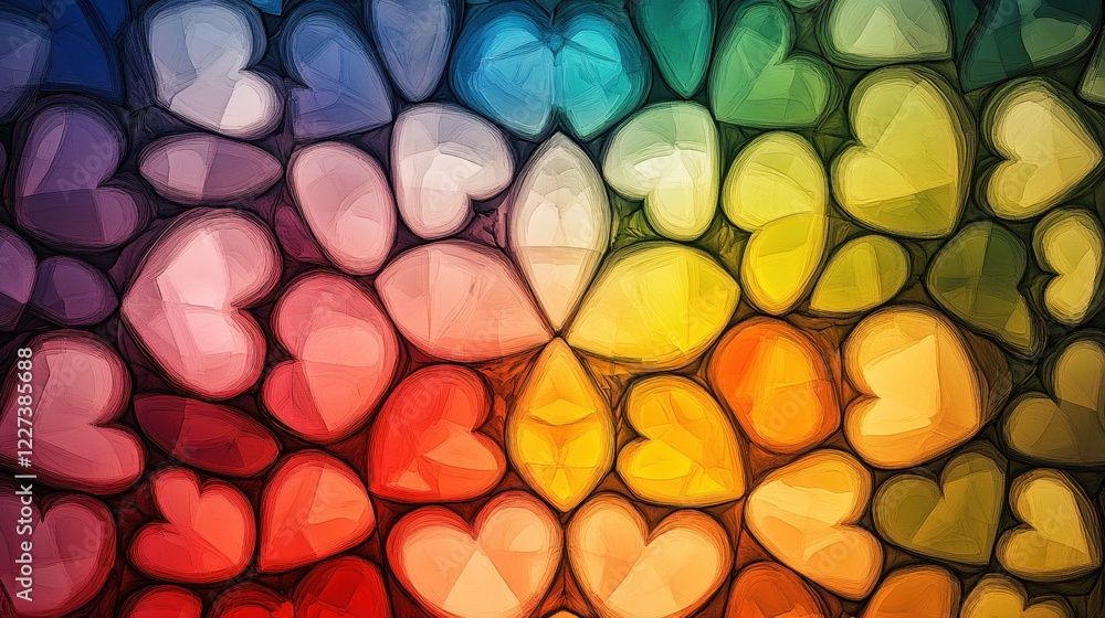 Poster colorful hearts pattern in a gradient of rainbow colors with a painted textured effect