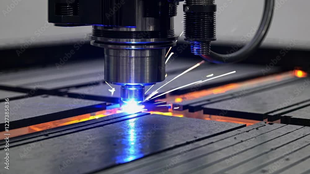 Poster laser cutting machine creates precise shapes using intense light and heat in a manufacturing worksho
