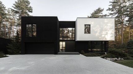 Obraz premium Modern black and white house in forest