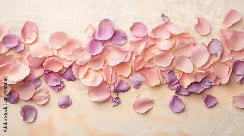 Poster delicate rose petals in soft pink and purple on a textured light background creating a gentle patter