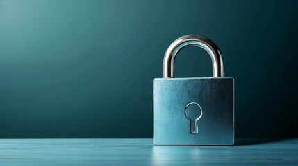 Fototapeta premium Metal padlock on teal background with copy space. Represents security solutions, data protection and privacy concepts