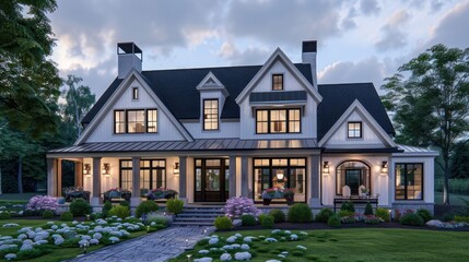 Naklejka premium Beautiful modern farmhouse with landscaped garden during twilight, showcasing elegant architecture