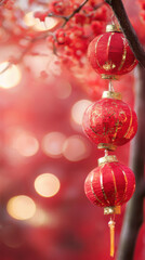 vibrant display of red lanterns hanging against soft focus background of red and gold bokeh, symbolizing celebration and joy. warm colors evoke festive atmosphere